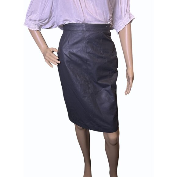 Vintage Y2K Brass Plum Gray Leather Pencil Skirt Jr Size 3 Midi‎ Zipper Mob Wife - Picture 1 of 16